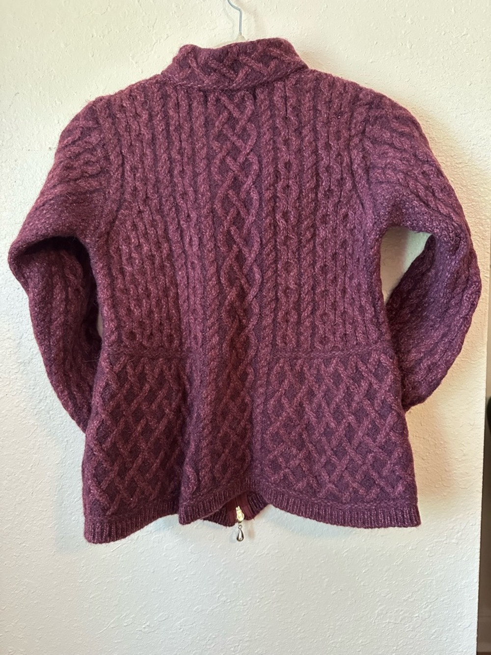 Aran Crafts %100 Merino Wool Cable-Knit Full Zip Purple Cardigan Sweater - Picture 3 of 7